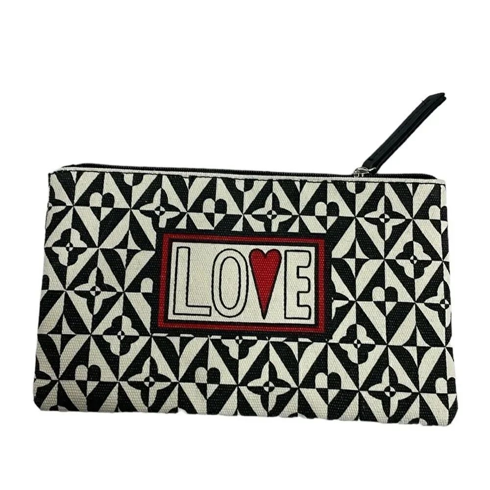 Brighton Love Cotton Canvas Cosmetic Pouch Makeup Bag Black White Heart